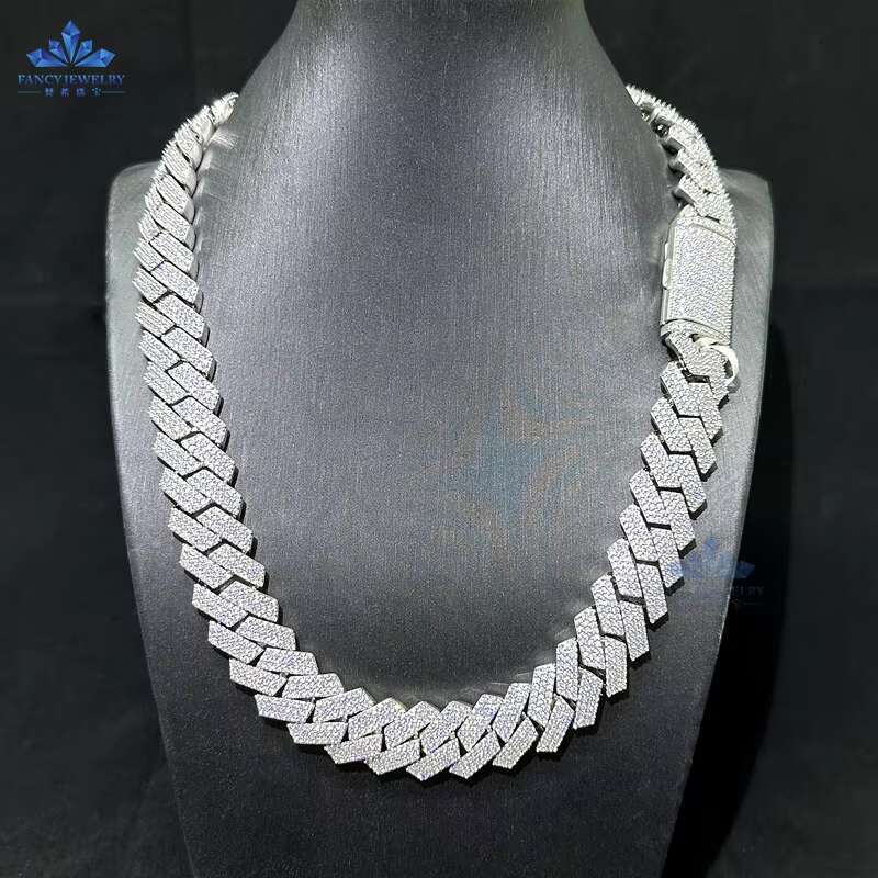 18MM 3 Rows Full D-VVS Ice Out Moissanite Dia Sier Chains Hip Hop Jewelry Cuban k Chain Necklace