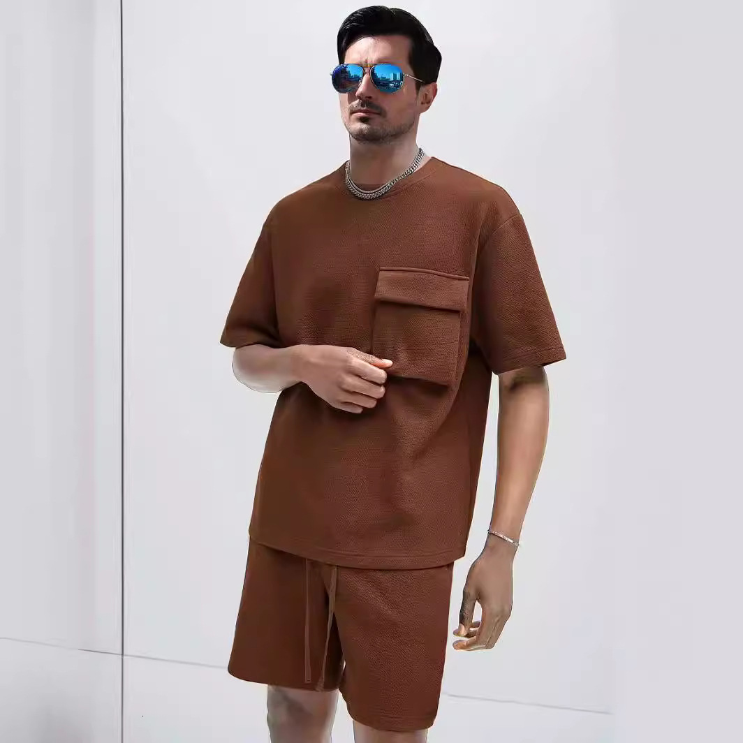 2024 Summer New Sports Set Mens Street Trendy Casual Pocket Short Sleeve Shorts Casual Two Piece Set