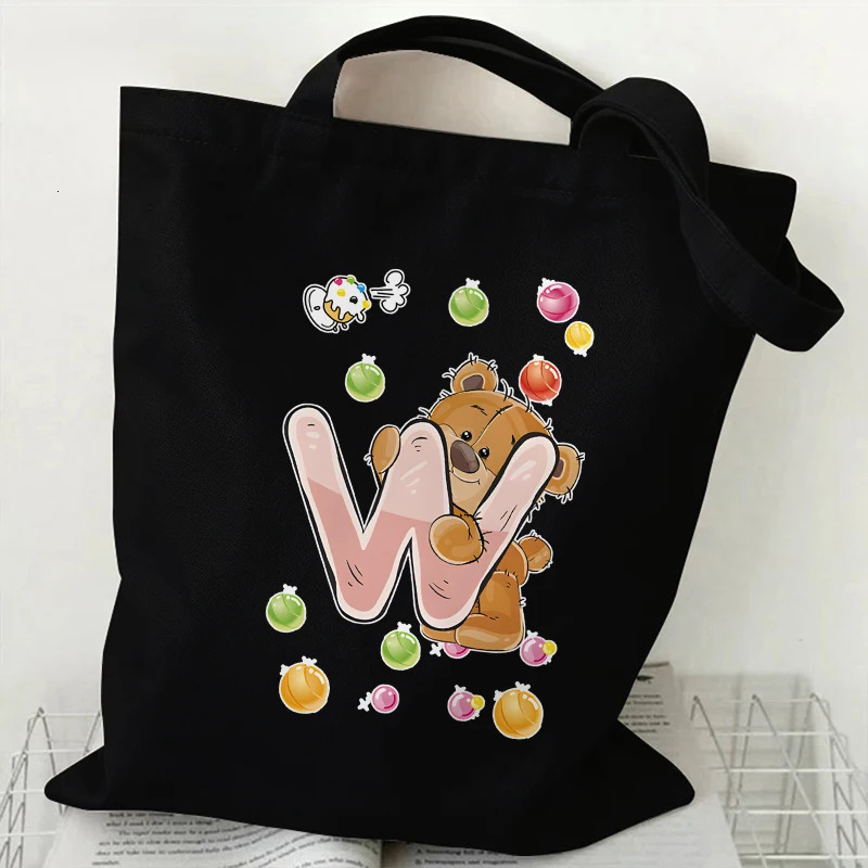 Cute Bear AZ 26 Letter Print Canvas Shoulder Tote Bag Large Capacity Reusable Handbags Supermarket Shopping for Women 251110