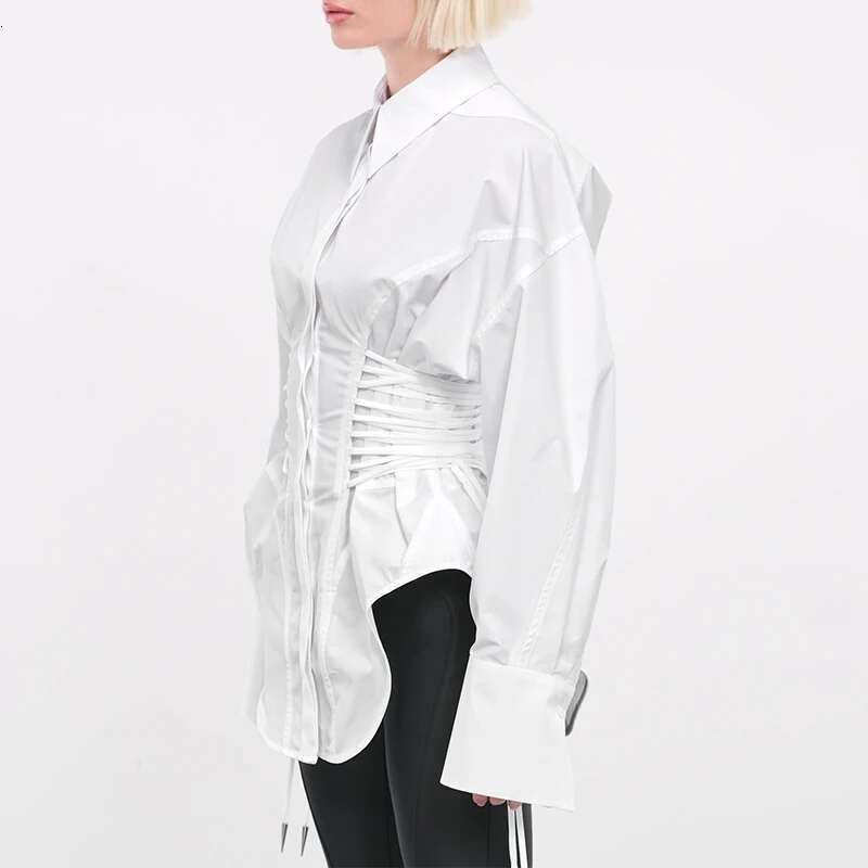 TWOTWINSTYLE Solid Spliced Lace Up T Shirts For Women Lapel Long Sleeve Patchwork Single Breasted Fashion Top Female Clothing