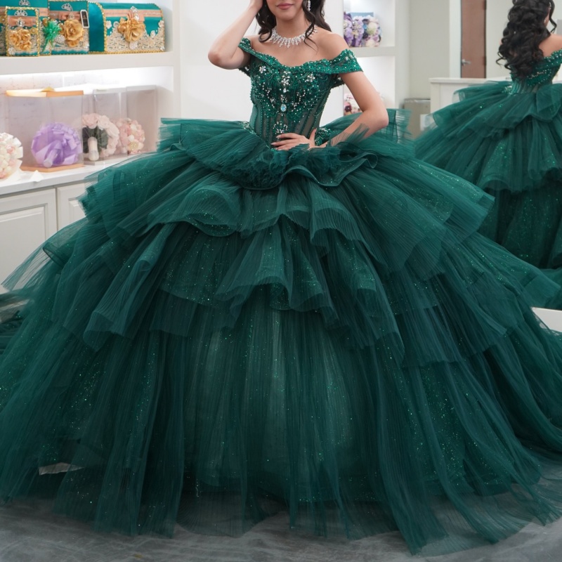 Blackish Green Shiny Princess Quinceanera Dresses Off Shoulder Beads Applique Tull Sweet 16 Dress Ball Gown Vestidos 15 Anos