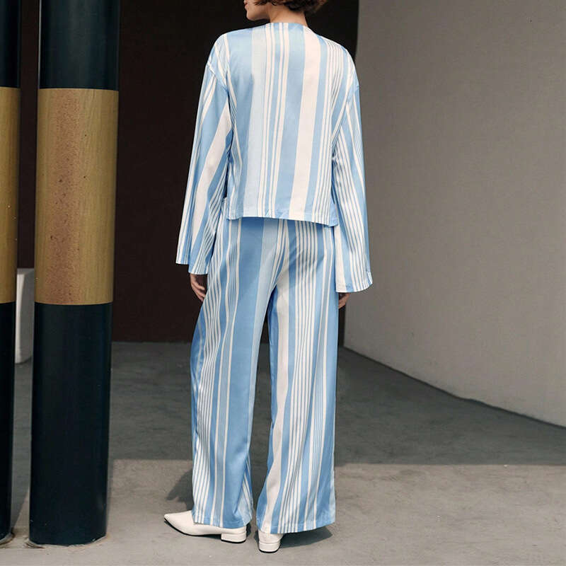 2025 Autumn European American Style Striped Sleeve Shirt and Straight Long Pants Pajamas Two-Piece Set