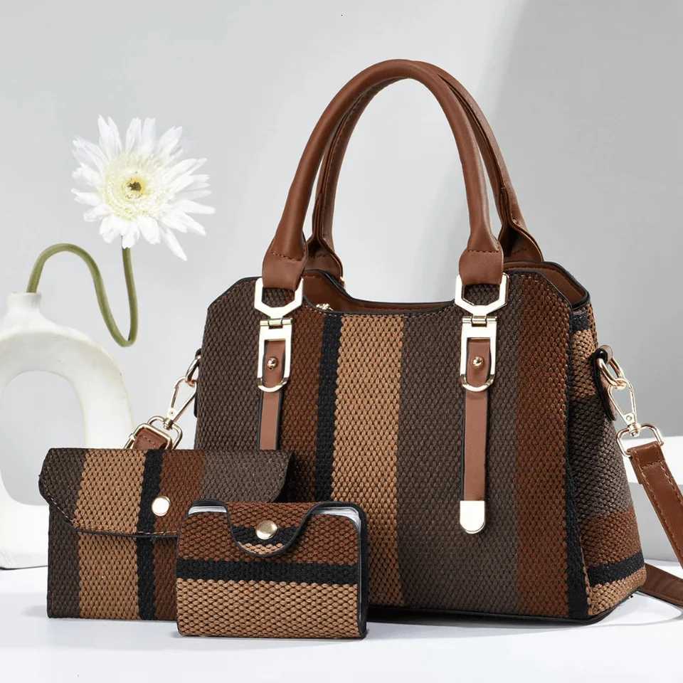 2025 New Design Color Contrast Tote 3PCS Bag Set Canvas Shoulder Bag Crossbody Bag with Purse and Card Holder Premium PU Leath K251110