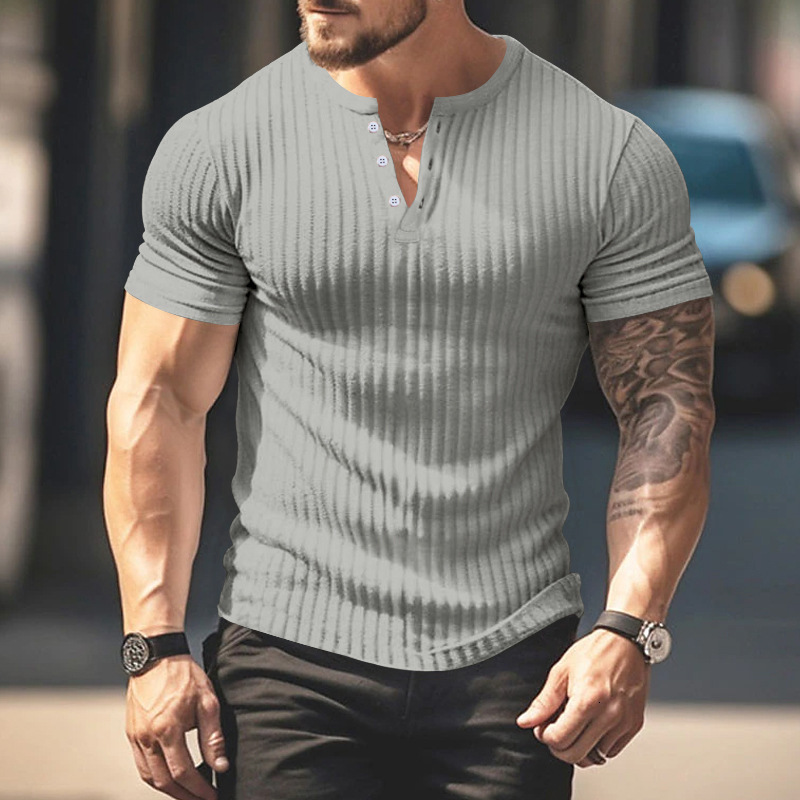 Temu2024 new mens short sleeved top with pit stripe slim fit short sleeved Henry T-shirt summer