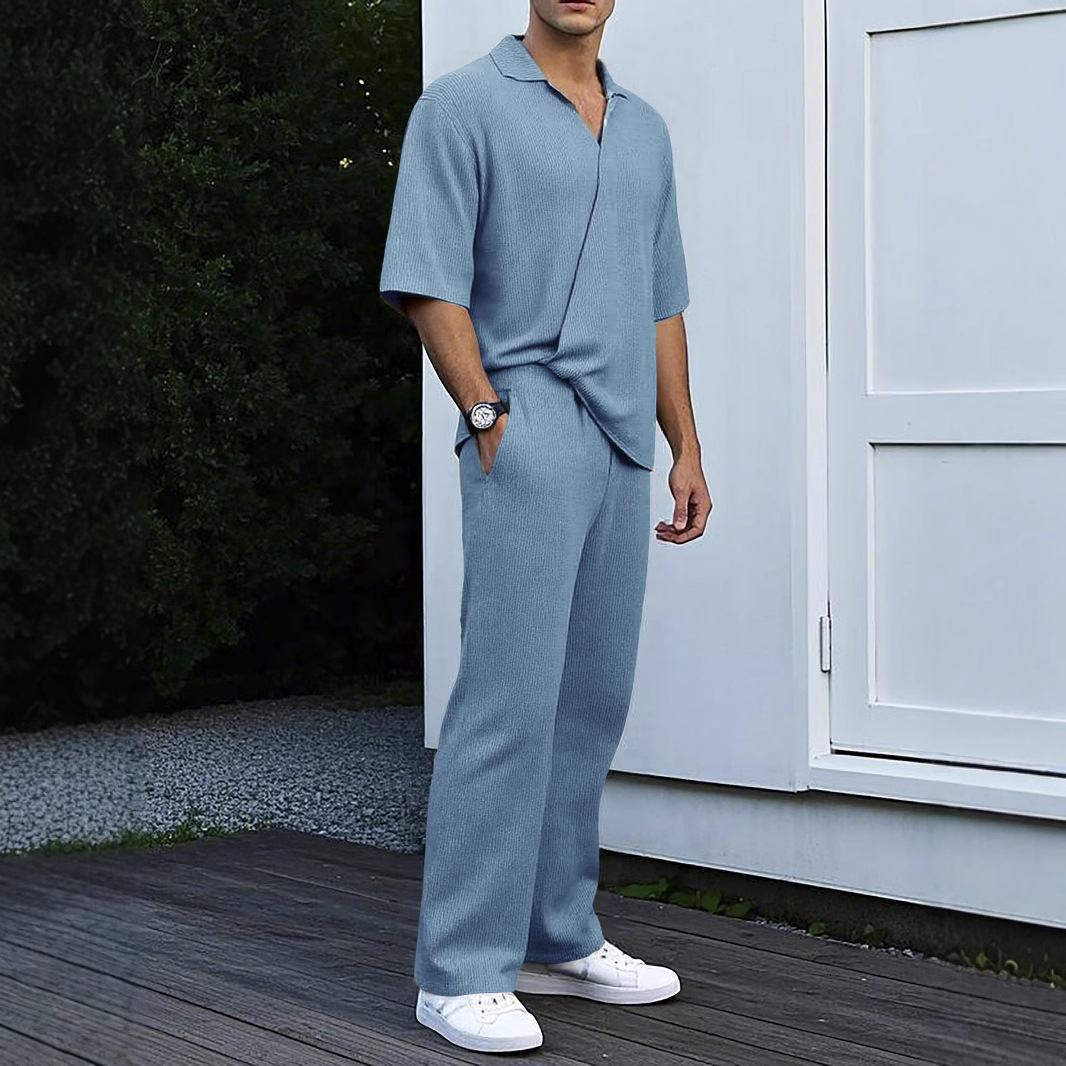 Spring and summer new commuter Japanese drama mens casual bubble wrinkled solid color short sleeved long pants two-piece set