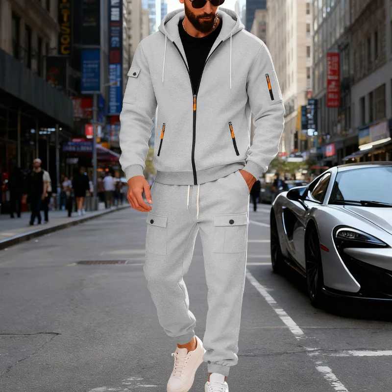 Autumn and winter mens velvet loose casual tooling outdoor sports fashion hooded sweater set W251110