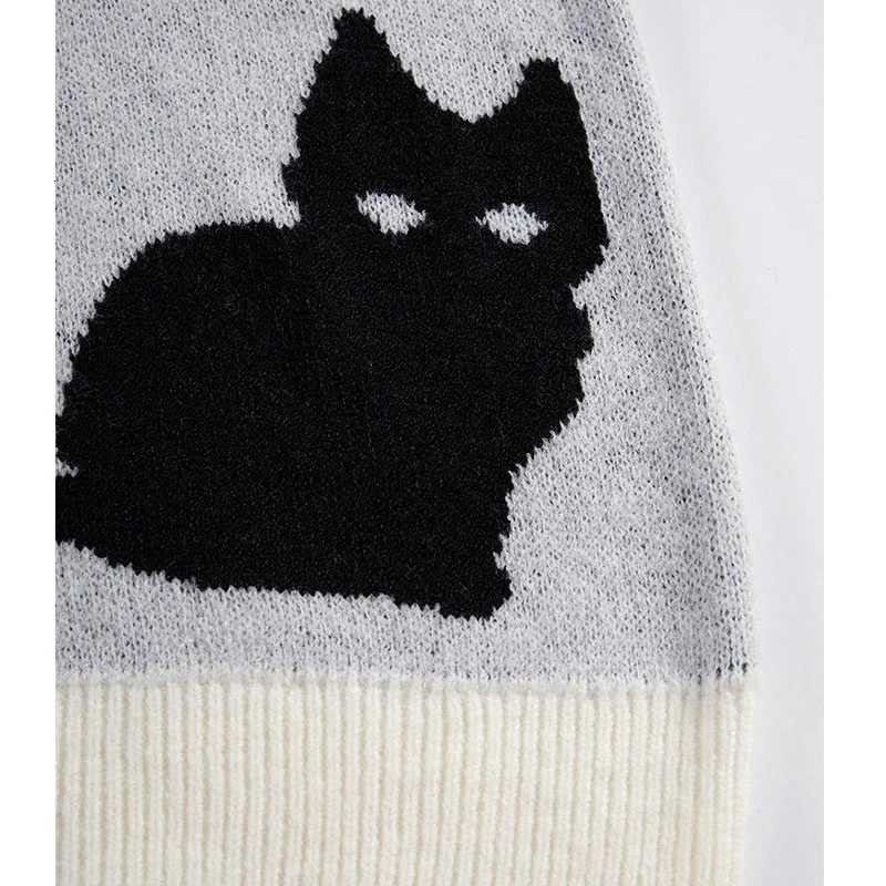 Fashion CALESECT Cartoon Black Cat Oversize Knit Sweater Y2K Aesthetic Jumper Loose Fit Streetwear Vintage Unisex Women Men Pullover Top Y251110