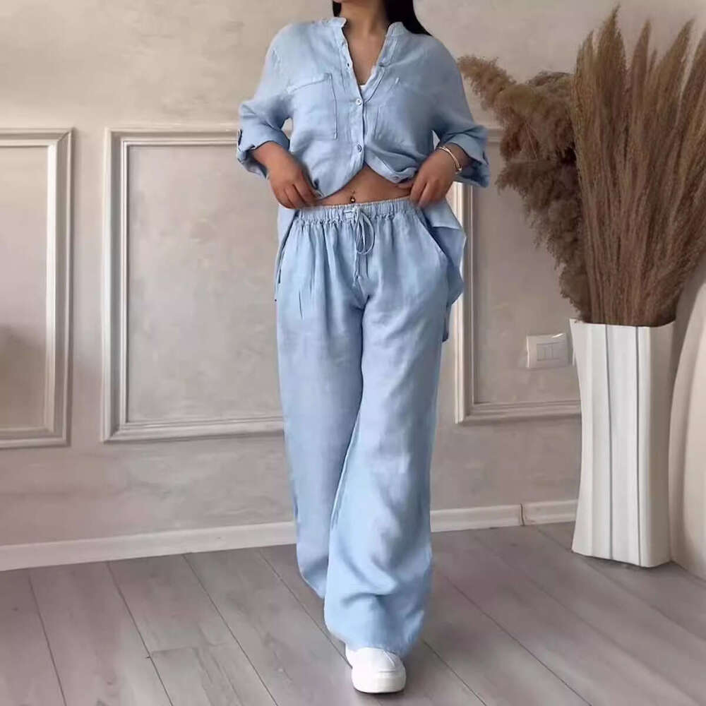 2025 New European American Cross-Border Women's Solid Color Single-Breasted Sleeve Shirt Two-Piece Set with Wide-Leg and Tie-Up Long Pants for Wo