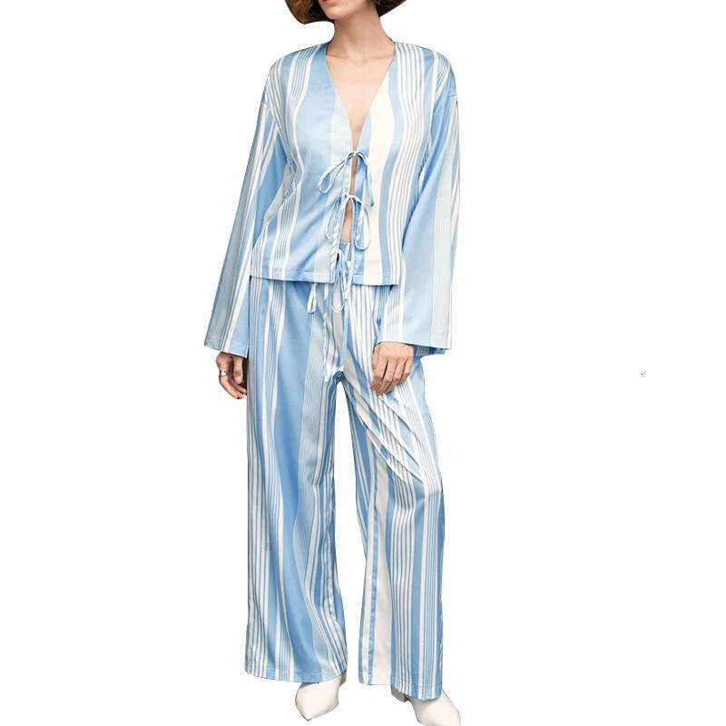 2025 Autumn European American Style Striped Sleeve Shirt and Straight Long Pants Pajamas Two-Piece Set