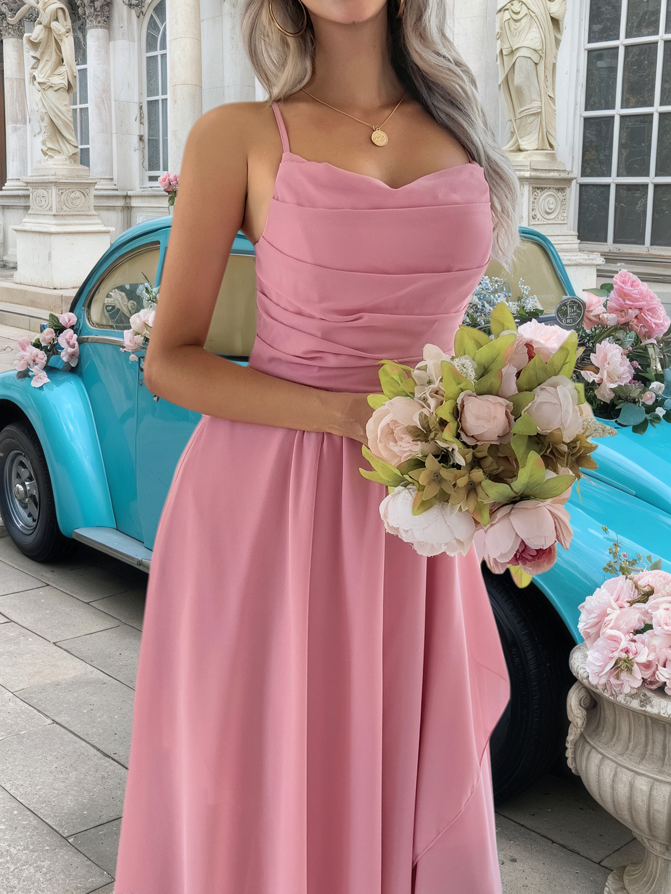 Women's Elegant Party Chiffon Dress, Spaghetti Strap Off-Shoulder Asymmetric Hem Maxi Dress, Available in Pink/Wine Red/Green/Purple---D245