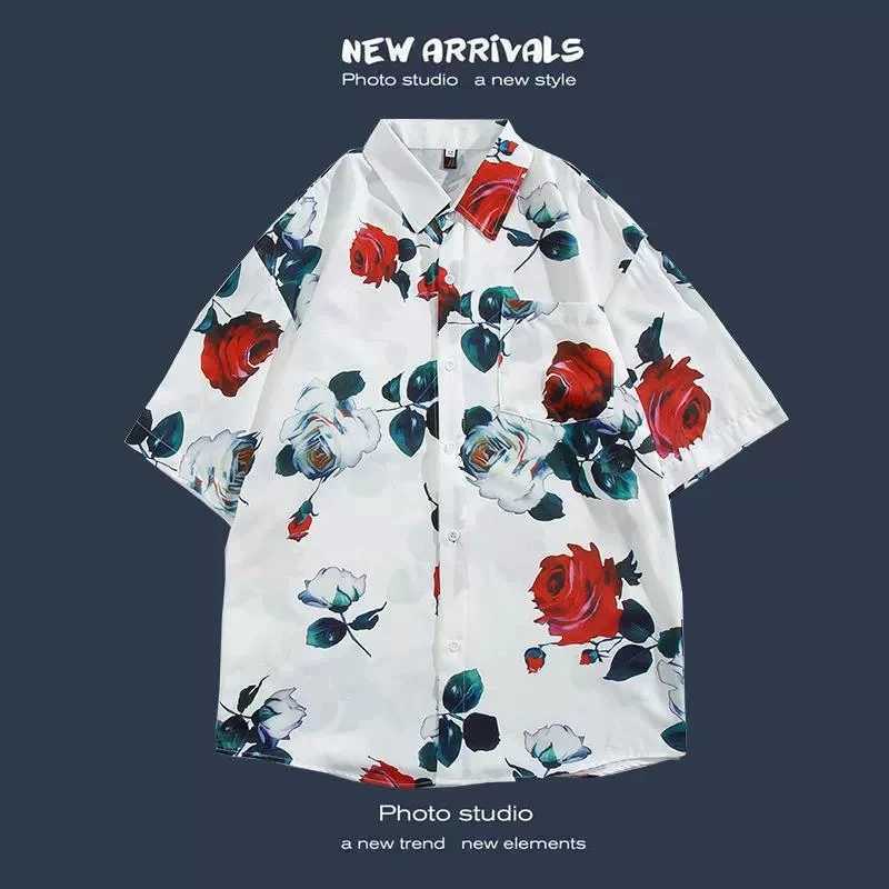 Mens short sleeved Hawaiian retro style beach shirt jacket with floral pattern suitable for vacation X250410
