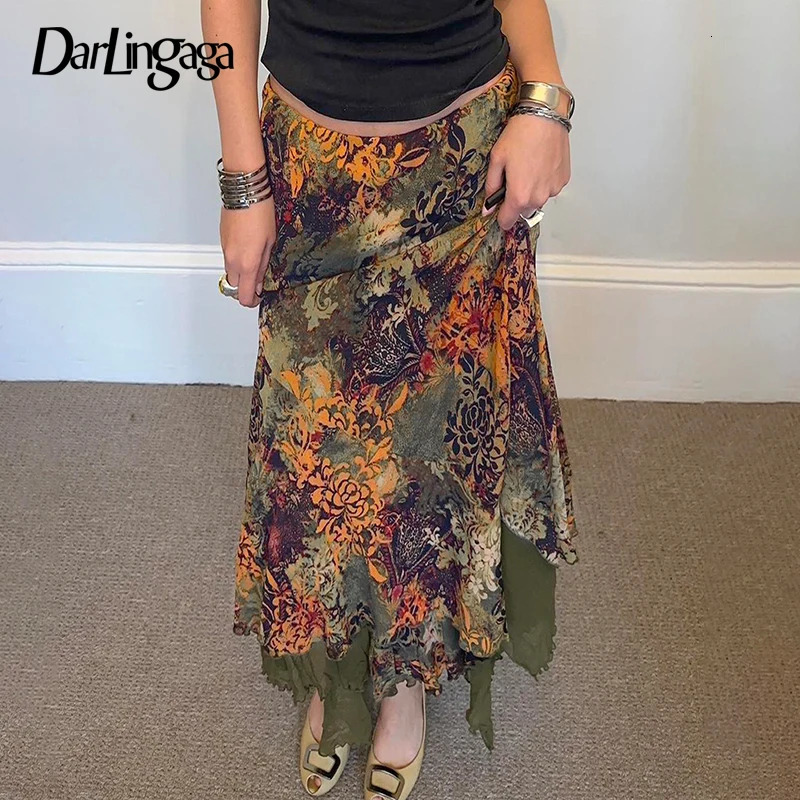 Darlingaga vintage floral print asymmetrical hem skiing women summer low waist weight loss fairy net Pathced 90s set 250407