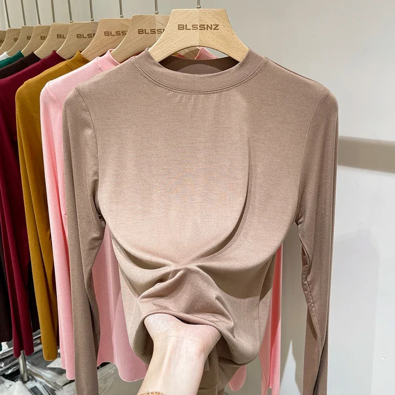 Womens Spring and Autumn Office Basic Oneck Ultra thin Tshirt Solid Color Multiple Matching Trend Casual Top Thread Long Sleeve Elasticity 250407