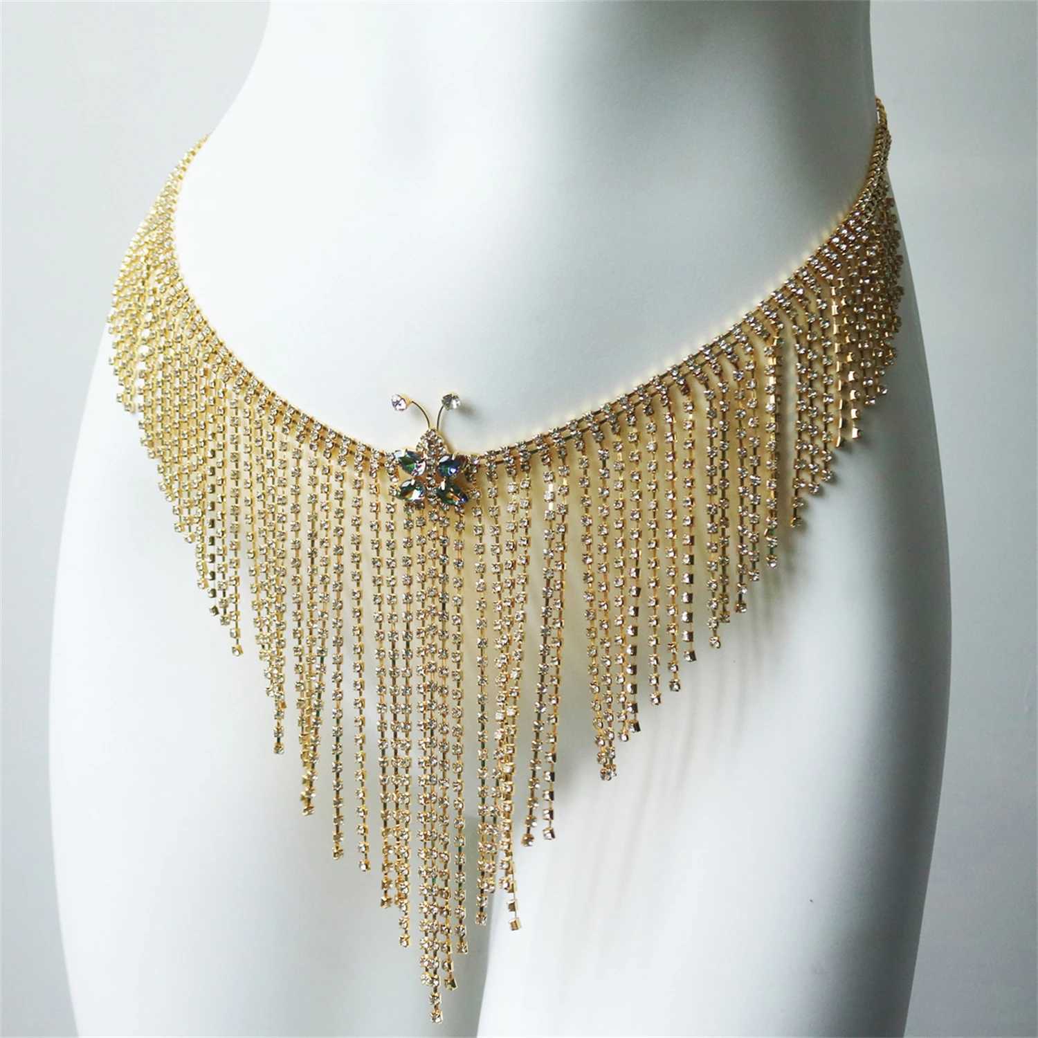 Personalized sparkling tassel crystal short waist chain jewelry fashion nightclub party bikini waist chain version accessories X250410