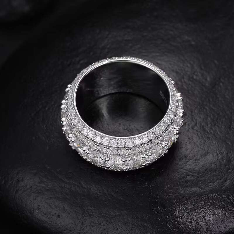 Luxury Hip Hop 5 Rows Moissanite Ring 925 Sterling Silver Shiny Fashion Jewelry Rings for Men