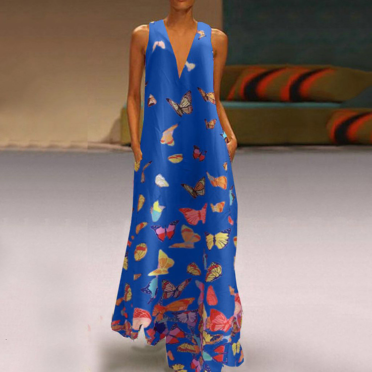 Summer Butterfly Print Bohemian Beach Skirt V-Neck Sleeveless Long Large Women's Dress