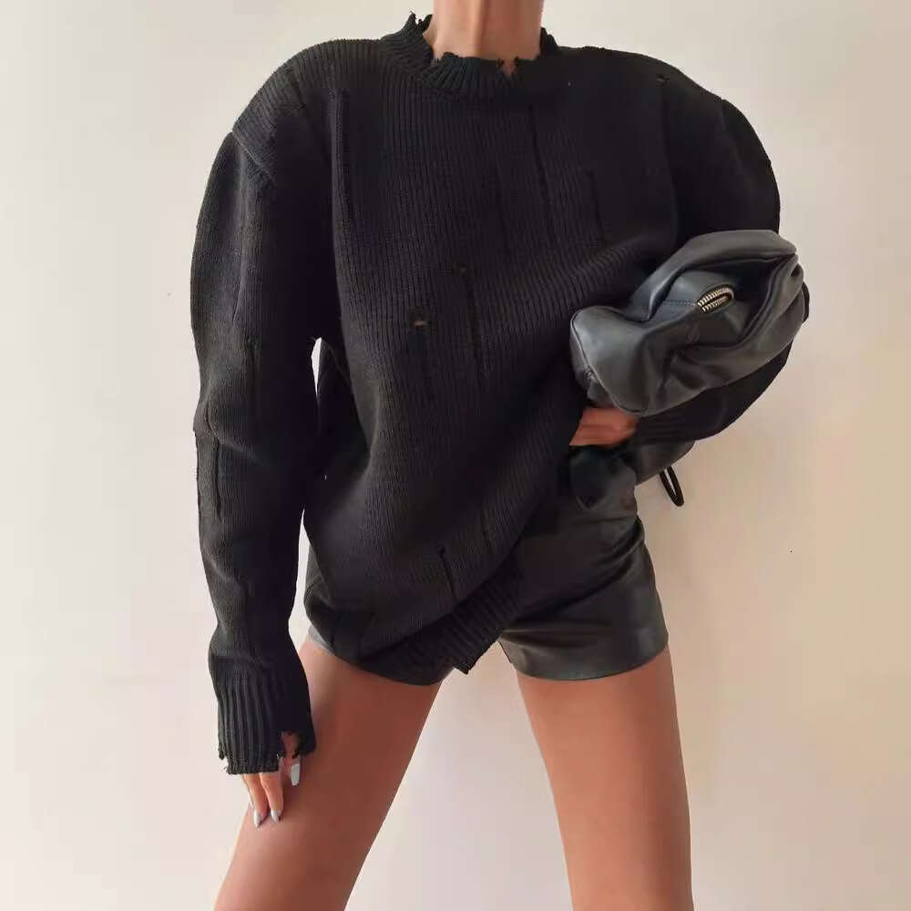 2024 European and American early autumn new loose fitting pullover top women's hand worn round neck sweater