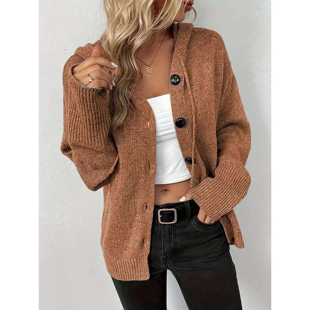 Solid Color Hooded Single-Breasted Cross-Border Sweater 2025 Autumn Winter New Drawstring Knitted Cardigan Coat for Women