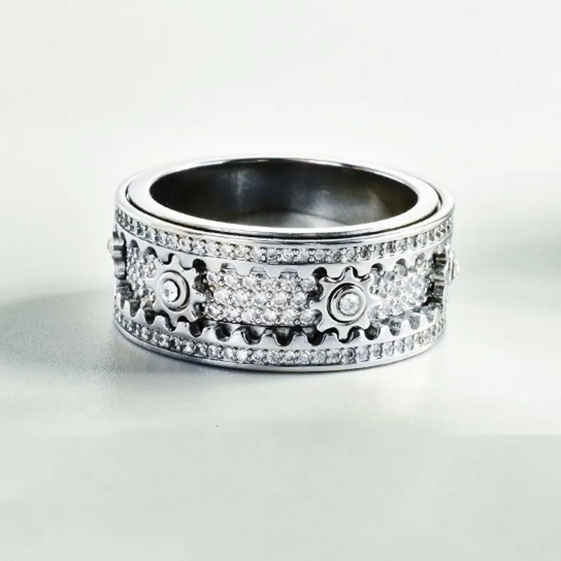 S925 Sterling Silver Charms Rings for Women Mechanical Gear-shaped Inlaid Micro Zircon Rotating Good Luck Jewelry Accessory 251110