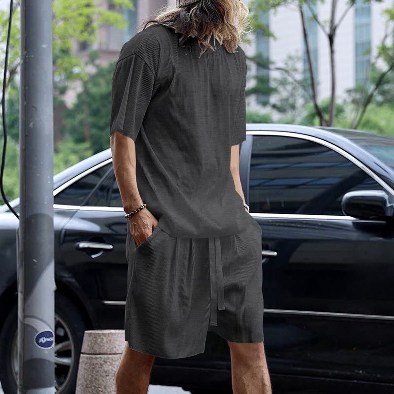 2025 Summer Ice Silk Breathable Pit Strip Short Sleeve Shorts Set Solid Color Male