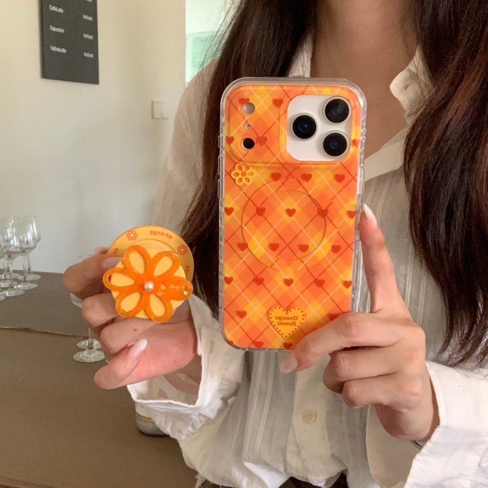 Plaid Heart Flower Stand Phone Case Compatible with iPhone 17/16 Cartoon Solid iPhone Color 15/14 Pro