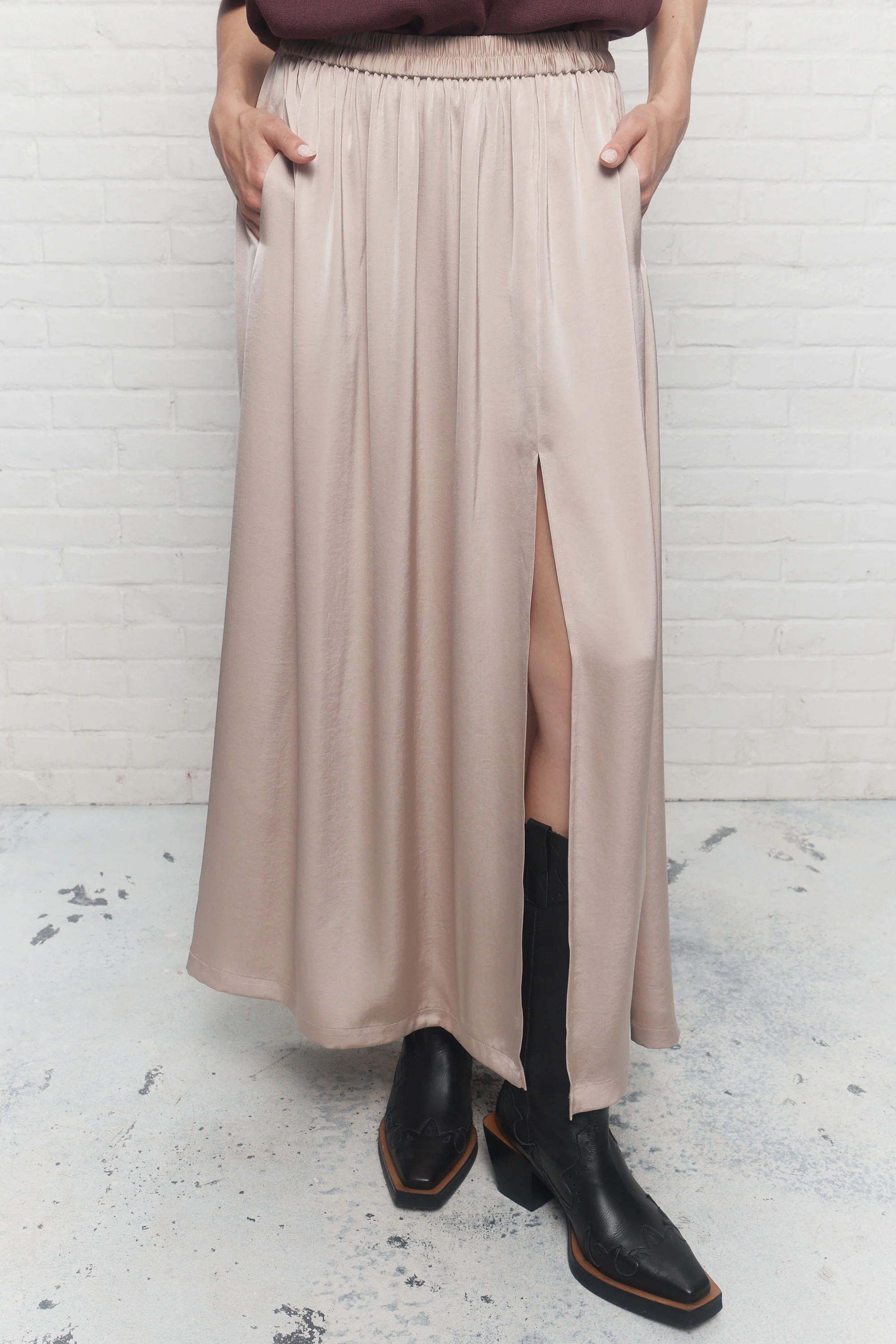 Women's Beige Satin Maxi Skirt, Elastic Waist Side Slit with Pockets Ankle-Length Skirt