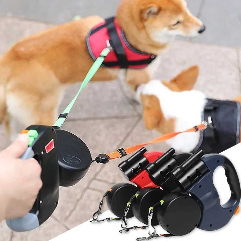 3in1 Double Head Automatic retractable Dog leash Flashlight Poop Bag Dispenser Reflective Pet Cat Extendable Puppy Traction Rope J251110
