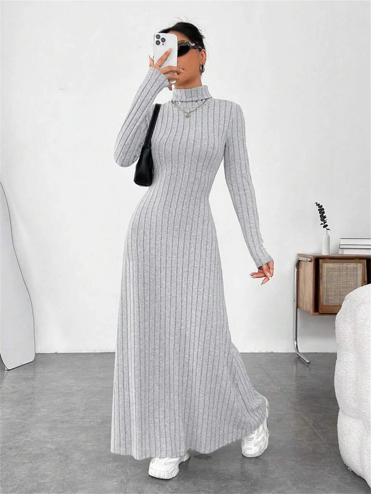 Knitted Elegant Long Sleeve Dress Women Autumn Winter Vintage Dresses Turtleneck Fashion Solid Vestidos Casual Street Y2K 251110