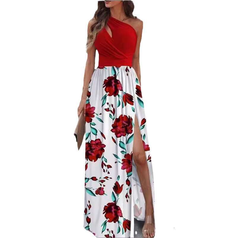 European and American women's slanted shoulder long skirt sleeveless sexy high waist slit dress 2025 temperament versatile new trendy clothing in