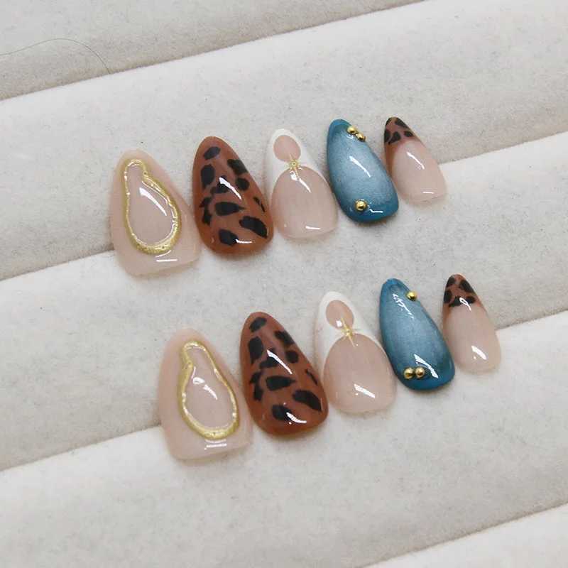24 leopard print printing machines brown French fake nail patches 3D gold powder design Korean wearable fake nail patches W250410
