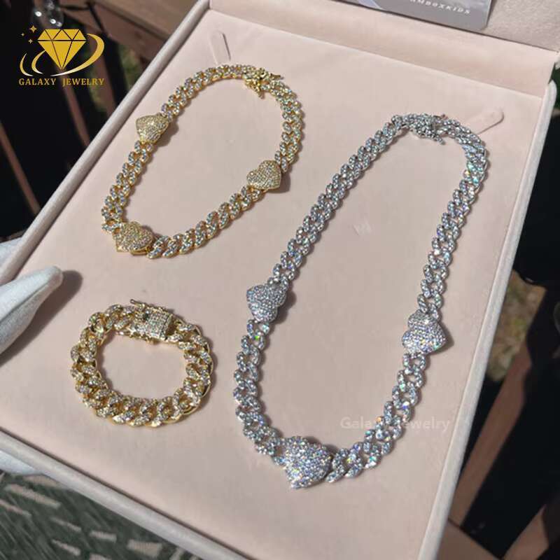 Fashion 14mm Heavy Heart Love Cuban Bracelet Hiphop 925 Pure Silver Iced Out Full Moissanite Diamonds Woman Cuban Link Chain