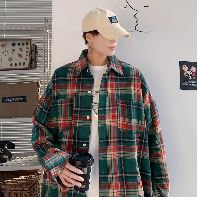 Harajuku Long Sleeve Plaid Shirts Men Big Size M-5XL Autumn Chic Loose Vintage High Street All-match Gentleman Camisa 250408