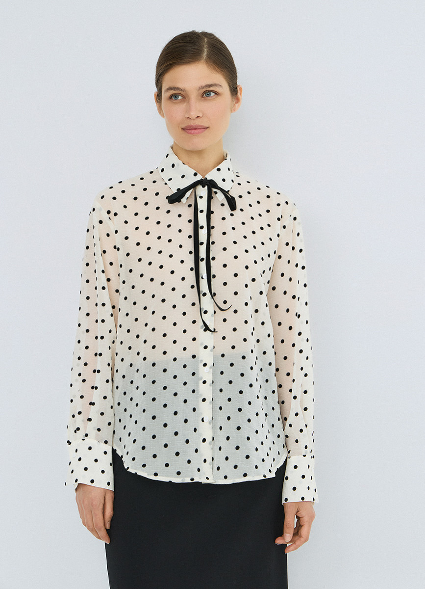 Women's White Black Polka Dot Bow Tie Collar Blouse, Long Sleeve Flock Print Shirt with Curved Hem