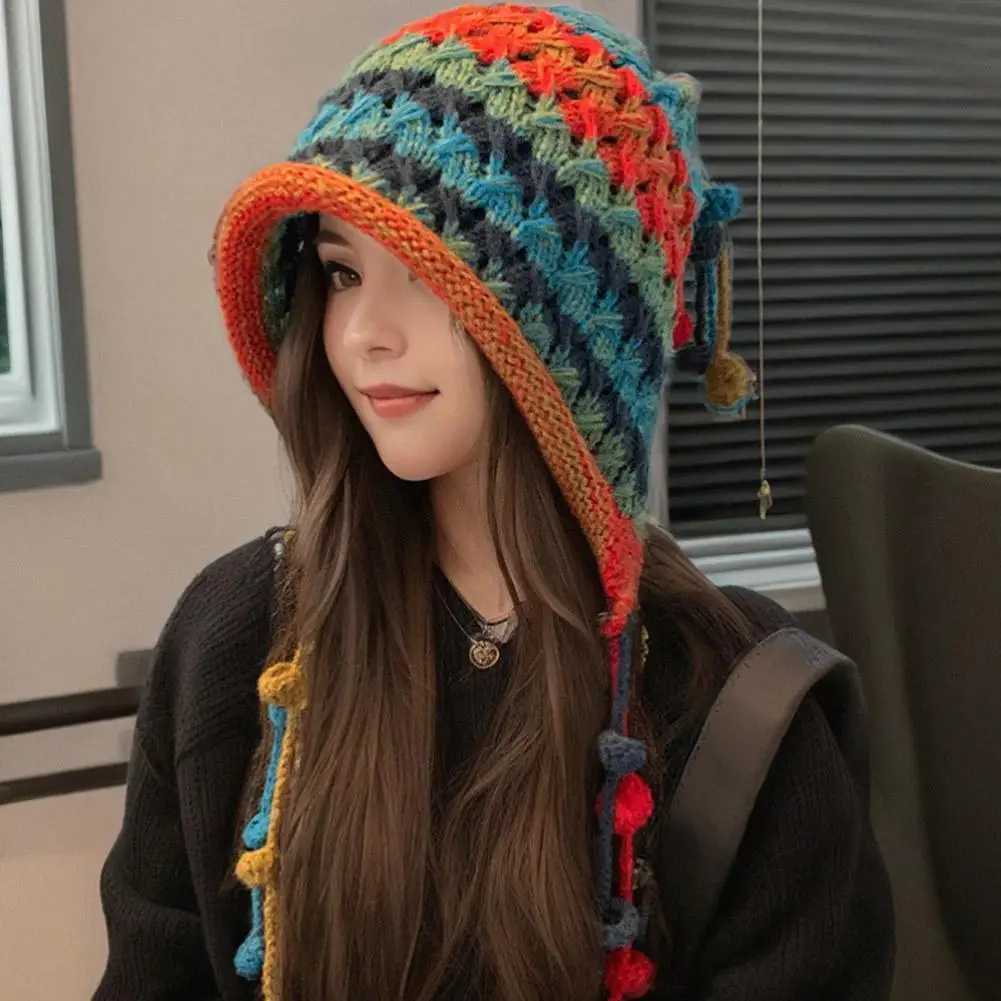 2025 Colorful Rainbow Winter Warm Striped Knit Wool Beanie Hat For Women Crochet Ear Female Girl Snow Windproof BonnetXJ251110