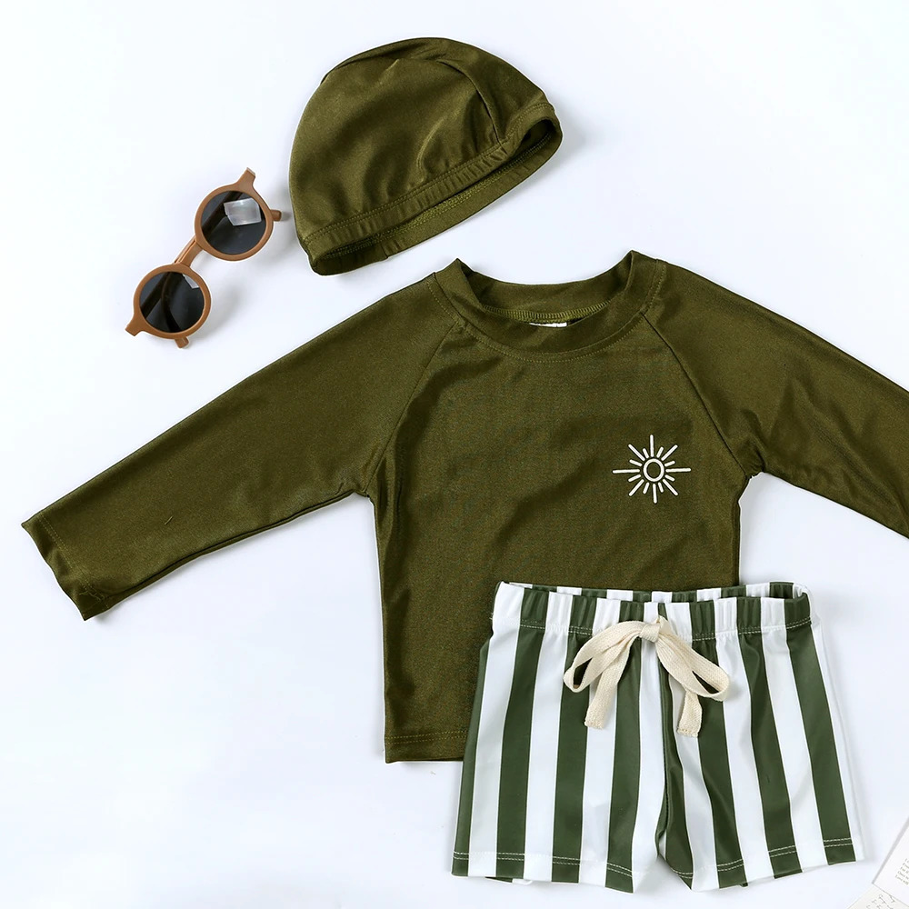 Summer Childrens Swimsuit Sun Protection Resort Beach Long Sleeve Top with Hat Childrens Surfing Swimsuit 1-7T 250403