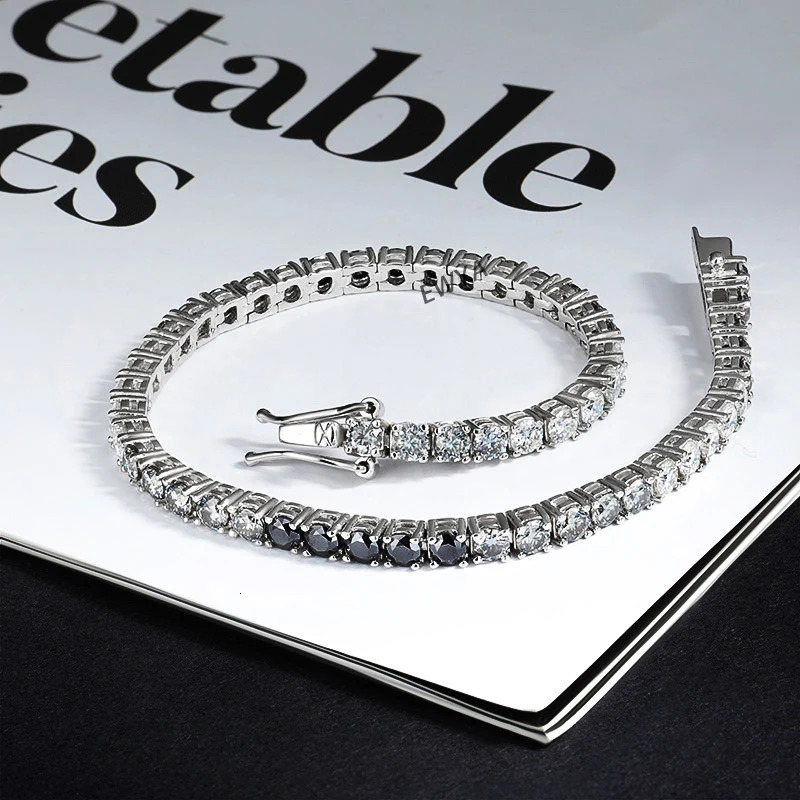 EWYA m 0.1CT Gradient Color Black Grey White Diamond Tennis Bracelet for Men Women Unisex 925 Silver Link Bracelets 250408