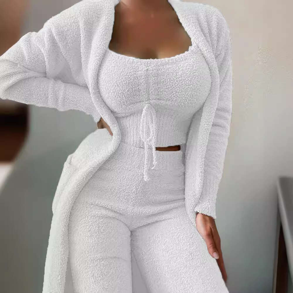 European and American Cross-Border Autumn Winter New Women's Fashion Casual Plush Lace-Up Cardigan 3-Piece Long Pants Set