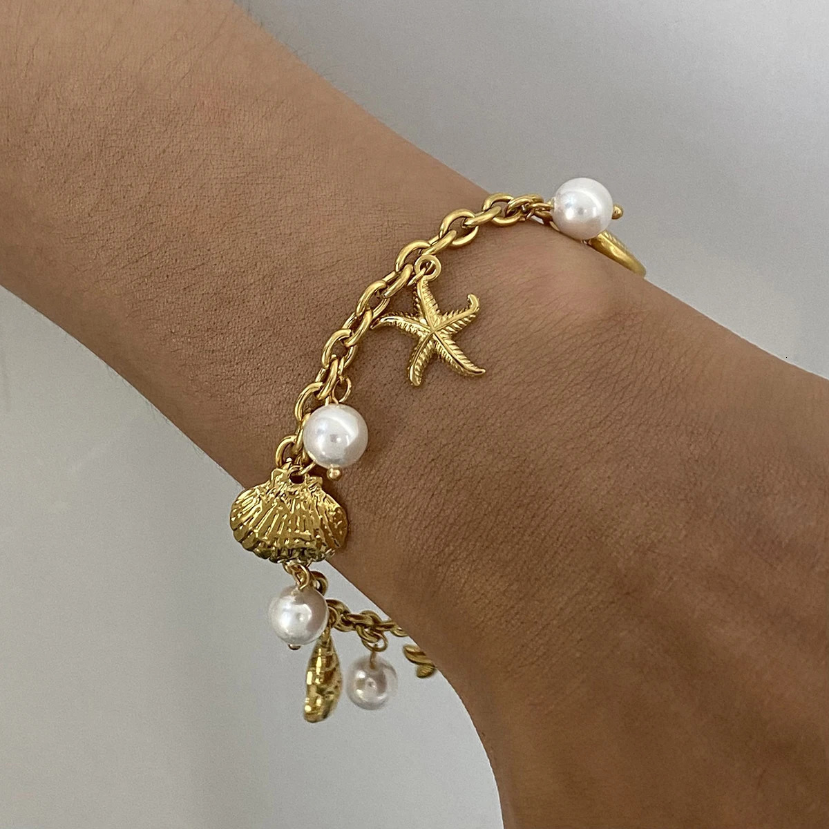 Zora 18K Gold PVD Plated Stainless Steel Pearl Shell Starfish Charm Bracelet Bangle Women Waterproof Beach Jewelrry Gift 250409
