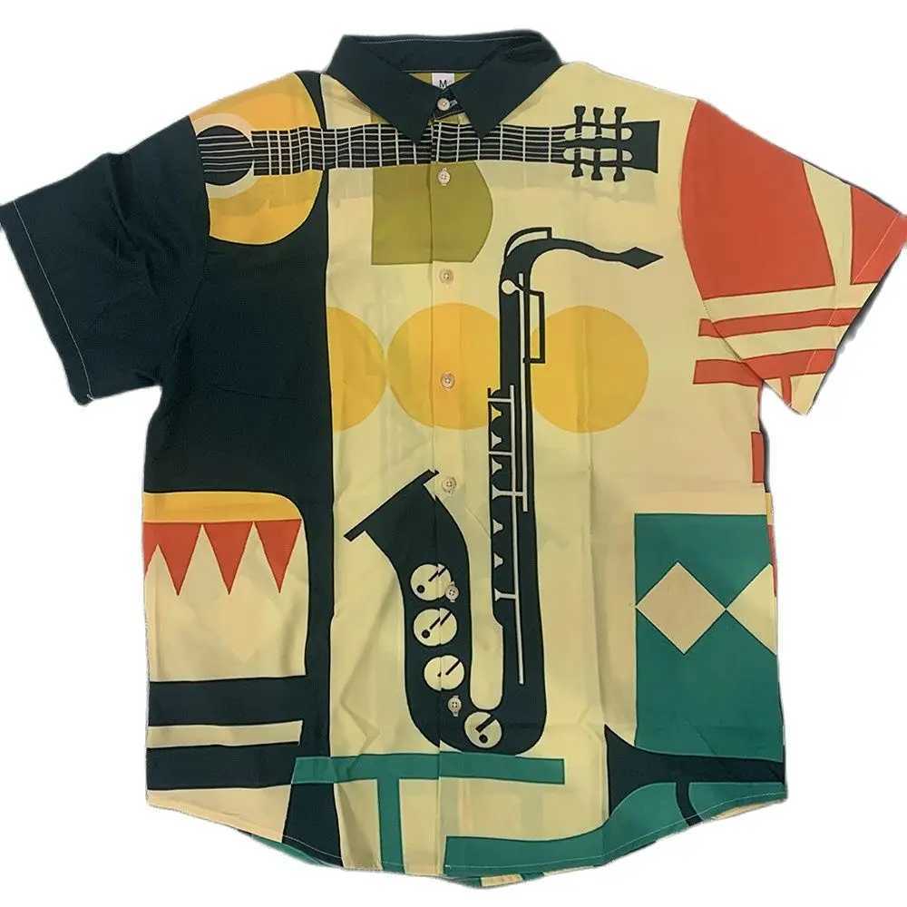 Mens Hawaiian mens casual musical instrument 3D printed loose short sleeved beach top Camisia Homme X250410