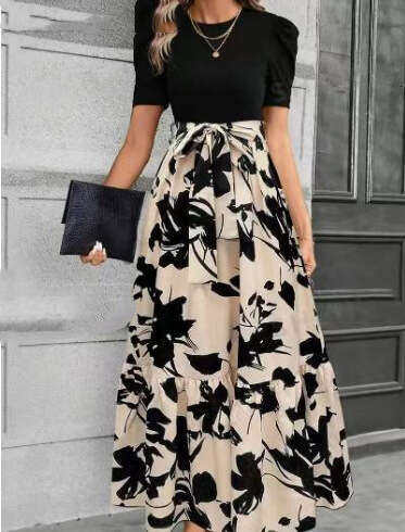 2025 Cross-Border Women's Spring Summer Hot-Selling Floral Print Round Neck Exotic Vacation Style Elegant Dress