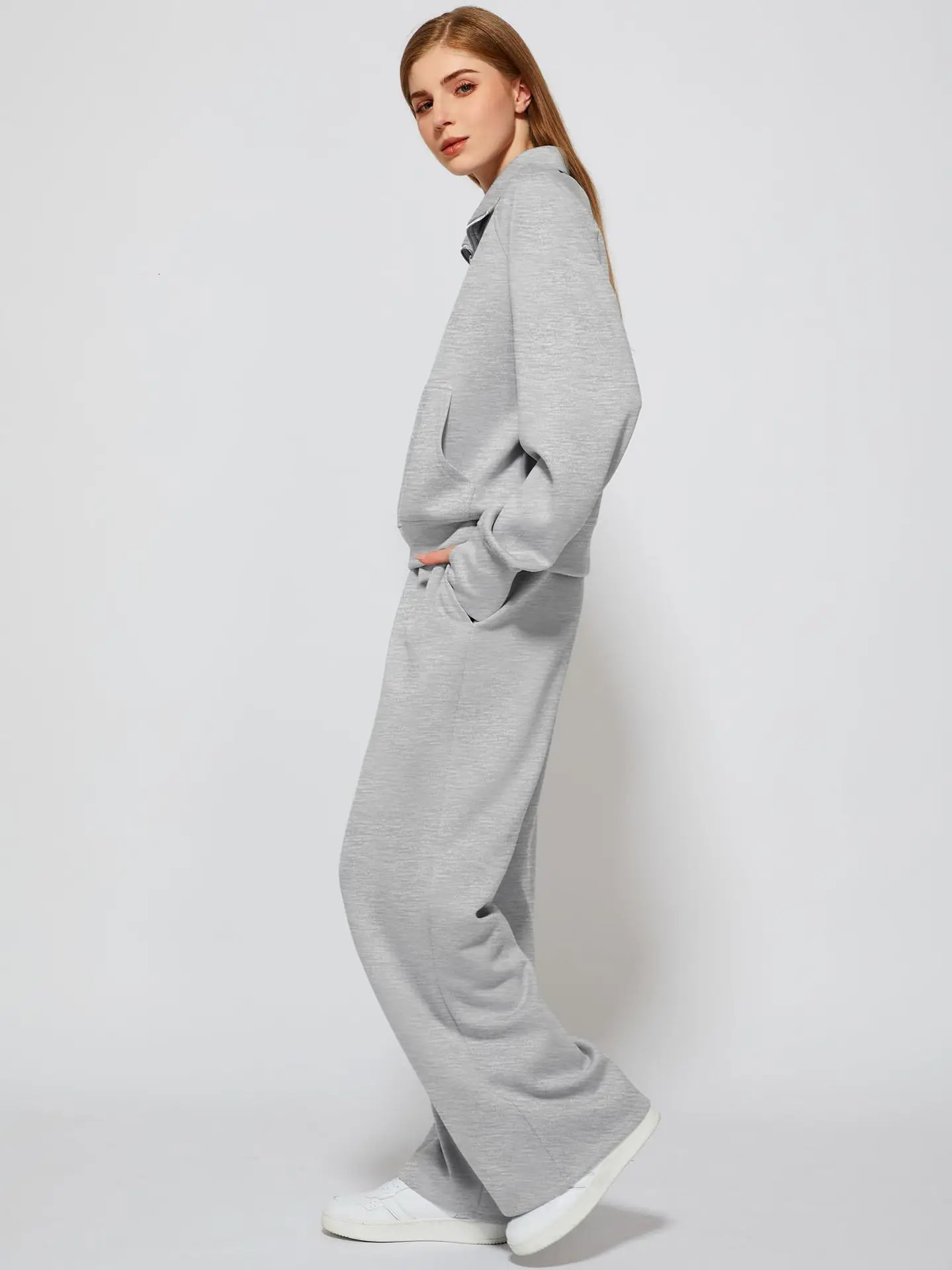 Woman Solid Color Half Zip Long Sleeve Sweatshirt and Wide Leg Pants Set Casual Sporty Two Piece Outfit 251110