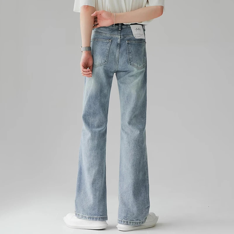 Mens comfortable pocket commuting jeans mens fashionable casual bell bottom jeans Korean style simple retro straight denim Trouser 250408