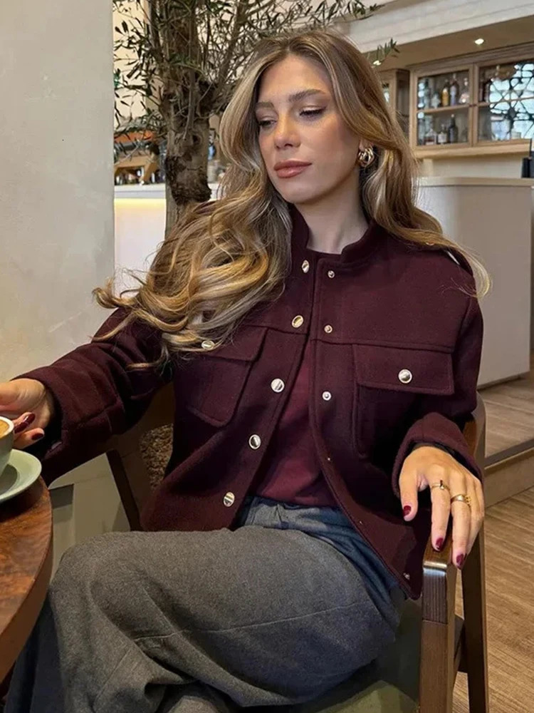 Women Soft Tweed Bomber Jacket ONeck Long Sleeve Pockets Buttons Loose Woolen Coat Female Streetwear Autumn Winter Outerwear 251110