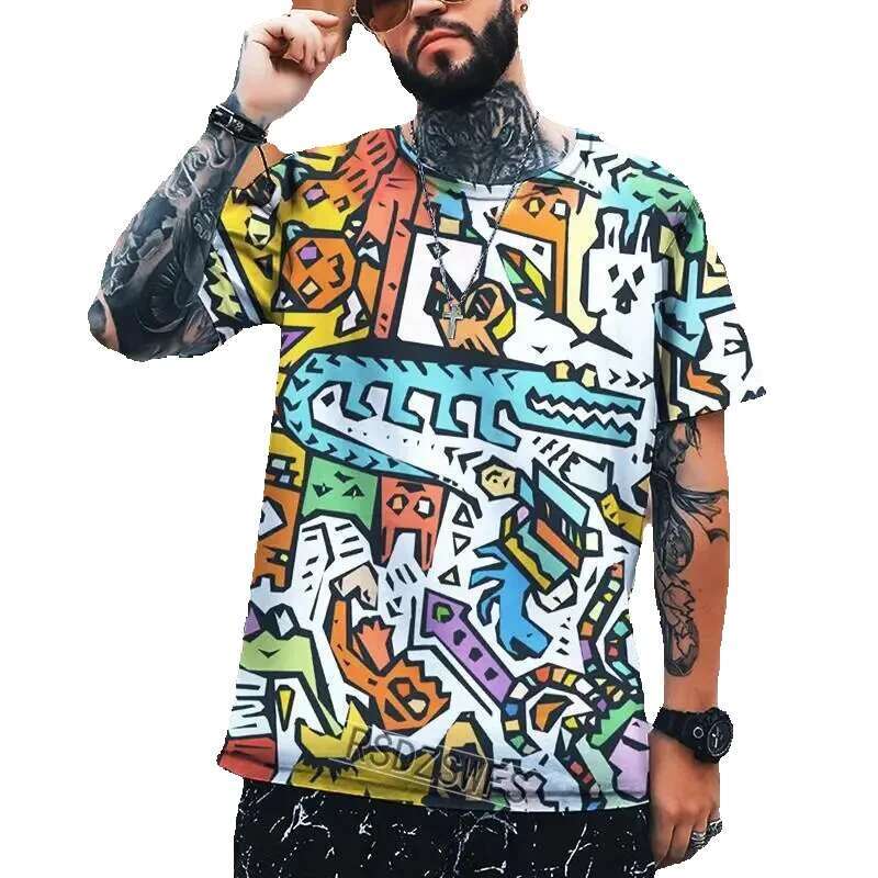 Fashion graffiti pattern men's fashion street hip-hop 3D printed short sleeved cool oversized sweater T-shirt