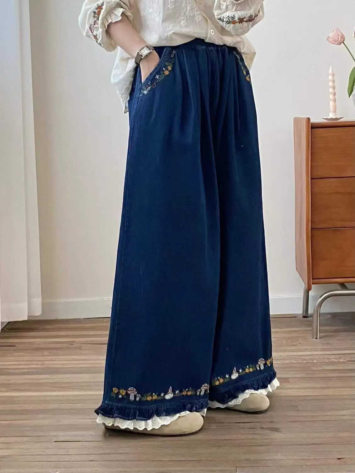 New 2025 Fall Cotton Denim Trousers Women Elastic Waist Embroidery Ruffles Mori Girl French Retro Chic Wide Leg Jeans B59422CC C251110