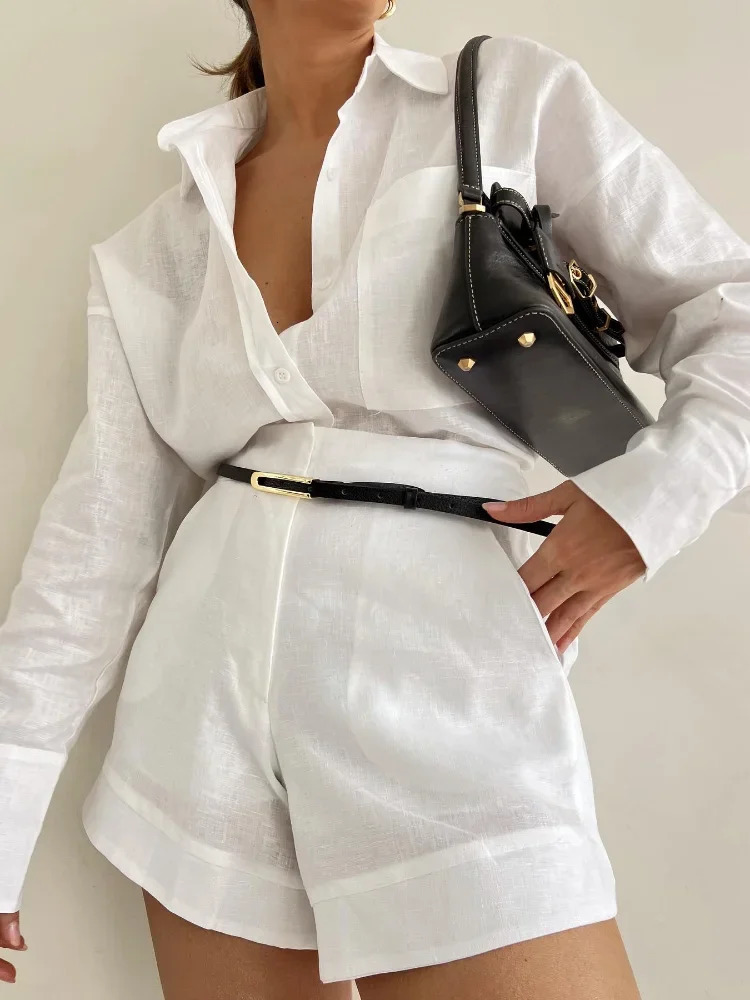 Womens white cotton linen single chest shirt high waisted shorts set fashionable and breathable 2-piece set spring womens clothing 250409