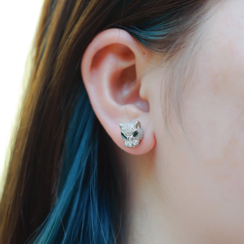 Designer Earring 925 Sterling Silver Leopard Stud Earrings Paved AAA Zircon Diamond Green Eyes Panther Earrings for Women Wedding Best Gift for Xmas d