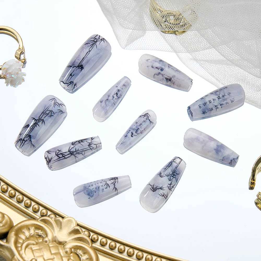 0Pcs Bamboo Chinese Style Fashion nail polish Poetry Painting Design Press Nail Set Reusable Full Cover Acrylic Nail Art W250410
