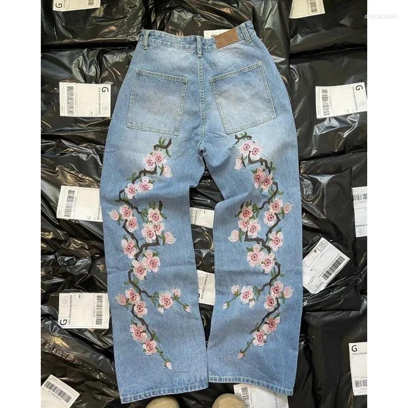 Men's Jeans Y2K Casual Baggy Pants Men Harajuku Cherry Blossom Print Pattern Gothic Women Hip Hop Streetwear Wide Leg Denim