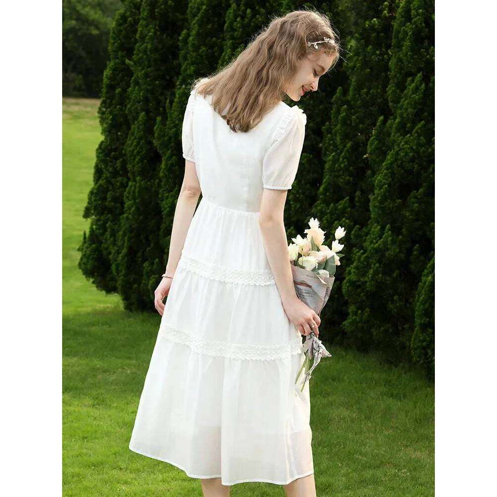 I BELIEVE YOU Summer Vintage White Women Fashion 2025 French Puff Sleeve V Neck Elegant Edible Tree Fungus New Tea Dress